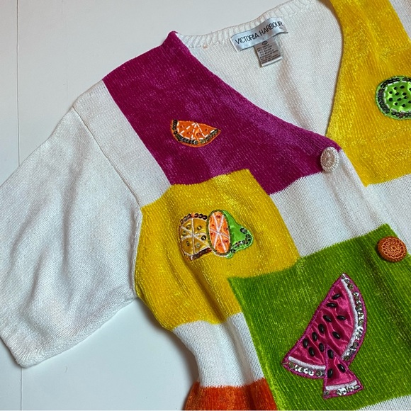 ESTATE ✝️SIZE VTG VICTORIA HARBOUR CROTCHET BEADED SEQUIN FRUIT S/S SWEATER XL - Picture 8 of 8